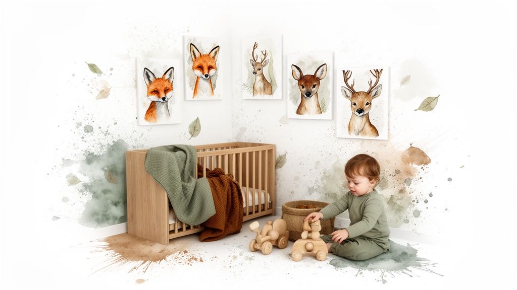 A baby plays with wooden toys in a gender-neutral nursery featuring animal wall art and a crib.