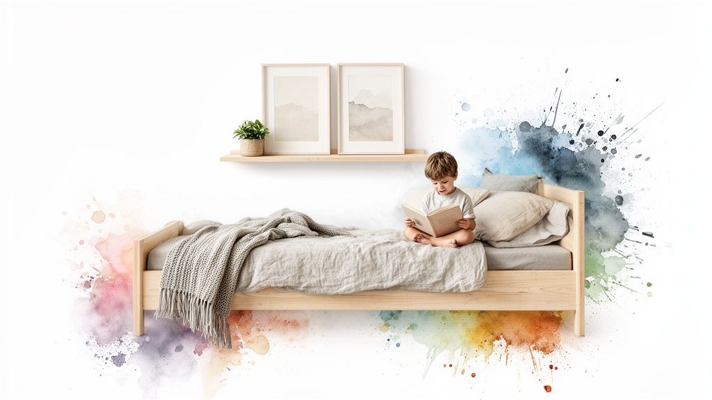 A young child sits on a wooden bed reading a book, with colorful watercolor splashes.