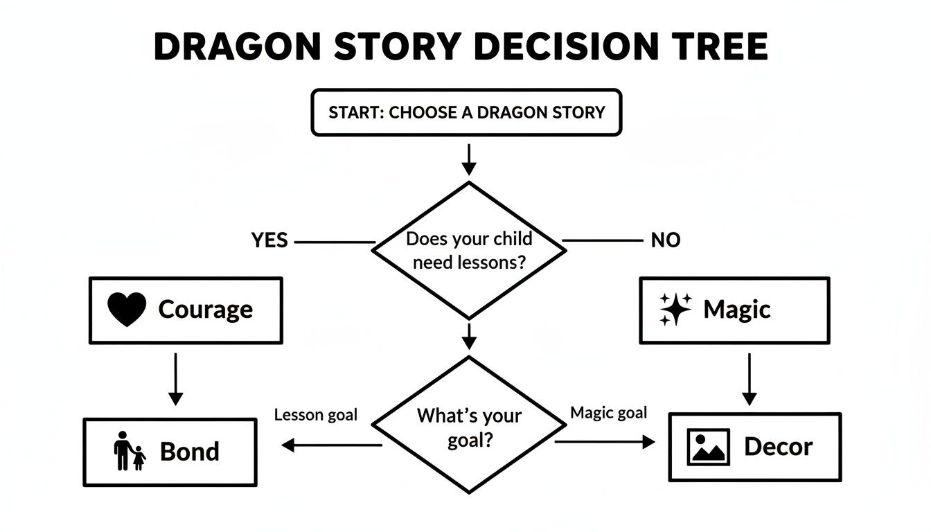 A flowchart for choosing a dragon story, addressing if a child needs lessons for courage or magic for decor.