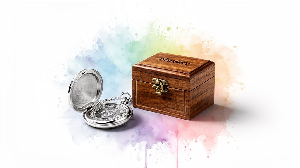 A detailed silver pocket watch with its lid open, next to a small wooden box with a clasp.