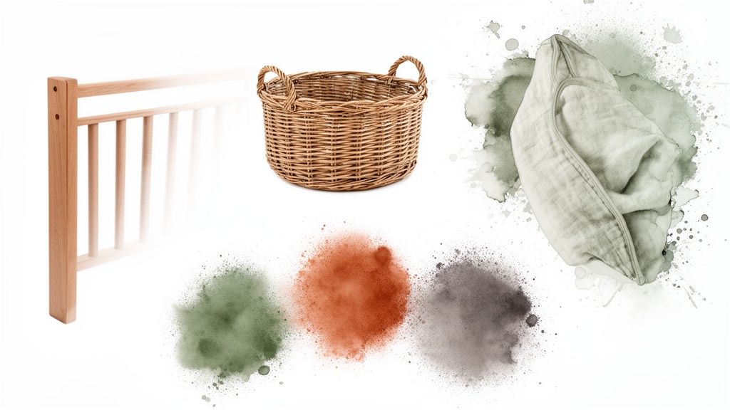 Essentials for a neutral baby nursery including a wooden crib, wicker basket, and soft blanket.