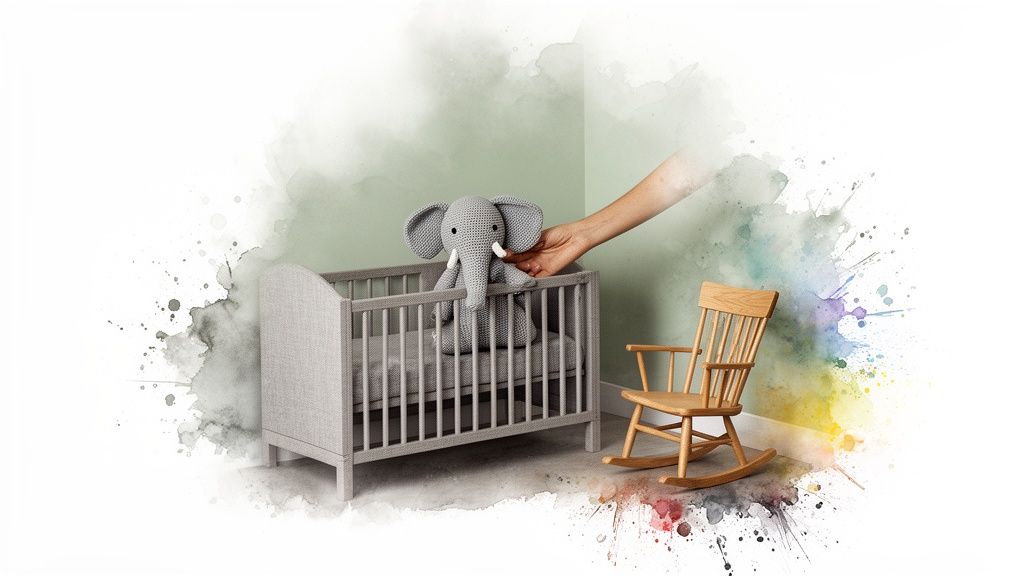 A hand places a grey elephant toy in a modern baby crib next to a wooden rocking chair.