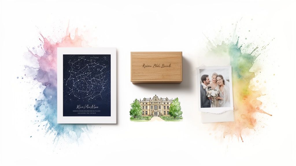 A collection of personalized wedding gift ideas including a star map, engraved wooden box, venue illustration, and wedding photo.
