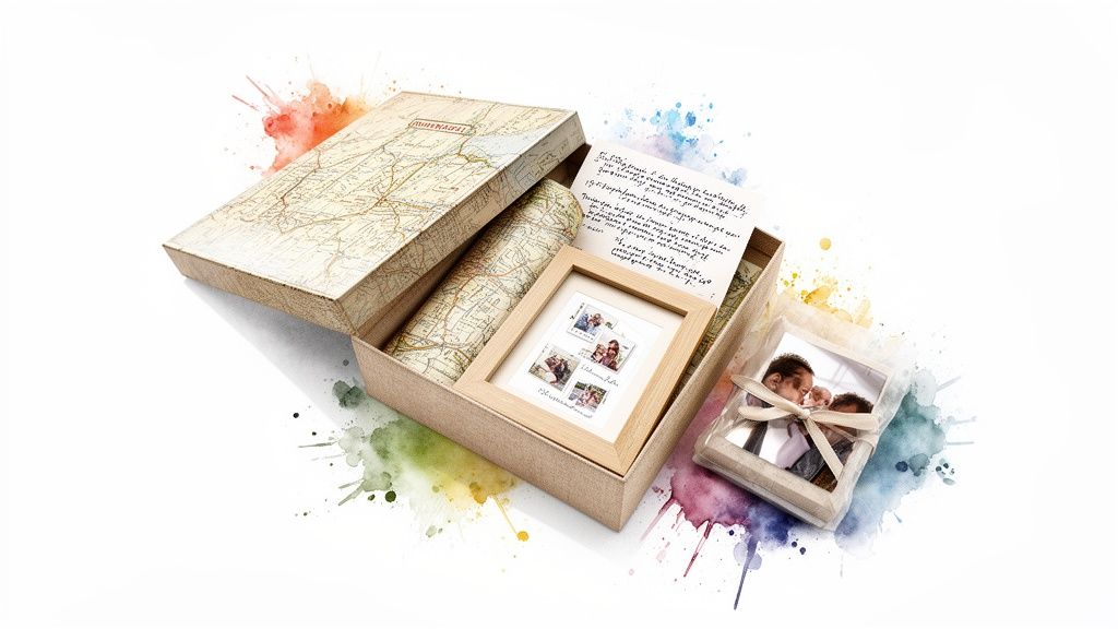 An open gift box filled with maps, a handwritten letter, framed photos, and a wrapped picture.