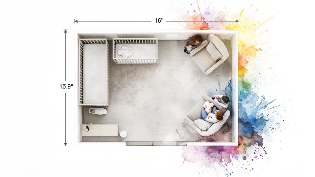 Overhead view of a modern nursery room with two cribs, armchairs, and family members, showing dimensions.