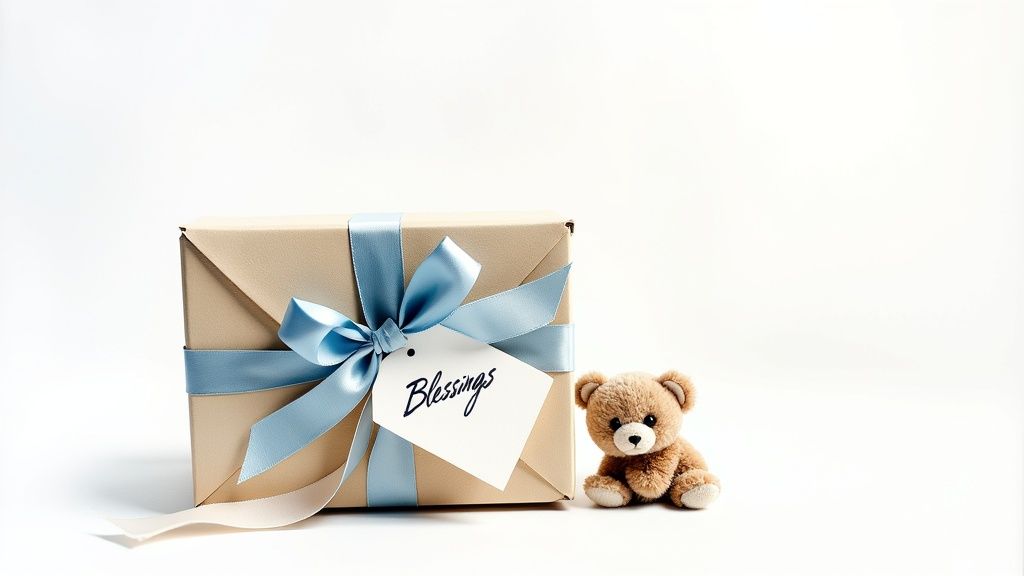A beige gift box with a blue ribbon and 'Blessings' tag sits next to a small teddy bear, perfect for a baby boy's christening.