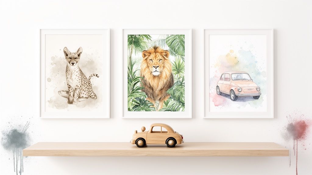 Three framed watercolor paintings for a child's room: a serval cat, a lion, and a vintage car, above a shelf with a wooden toy car.
