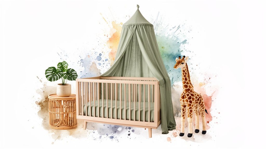 A charming jungle-themed nursery with a wooden crib, green canopy, monstera plant, and plush giraffe toy.