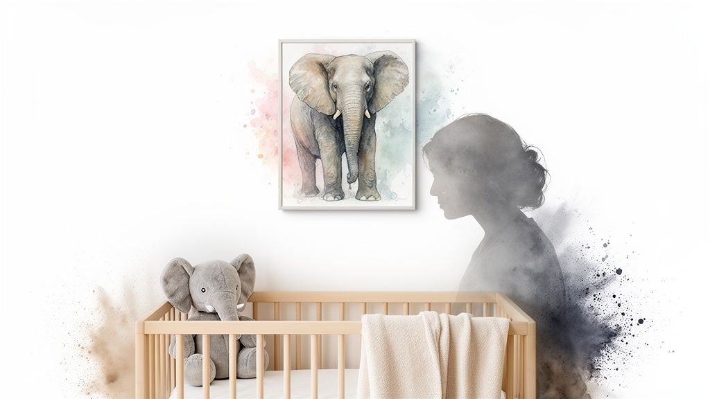 A watercolor elephant painting hangs above a baby crib with a plush toy and a mother's silhouette.