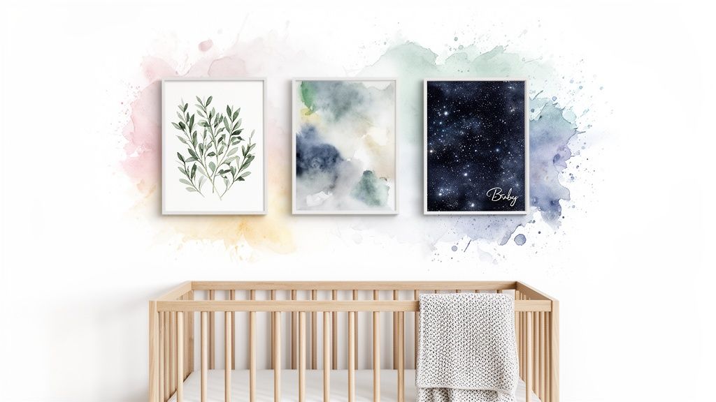 A gender-neutral nursery featuring a wooden crib and three framed watercolor wall art prints.