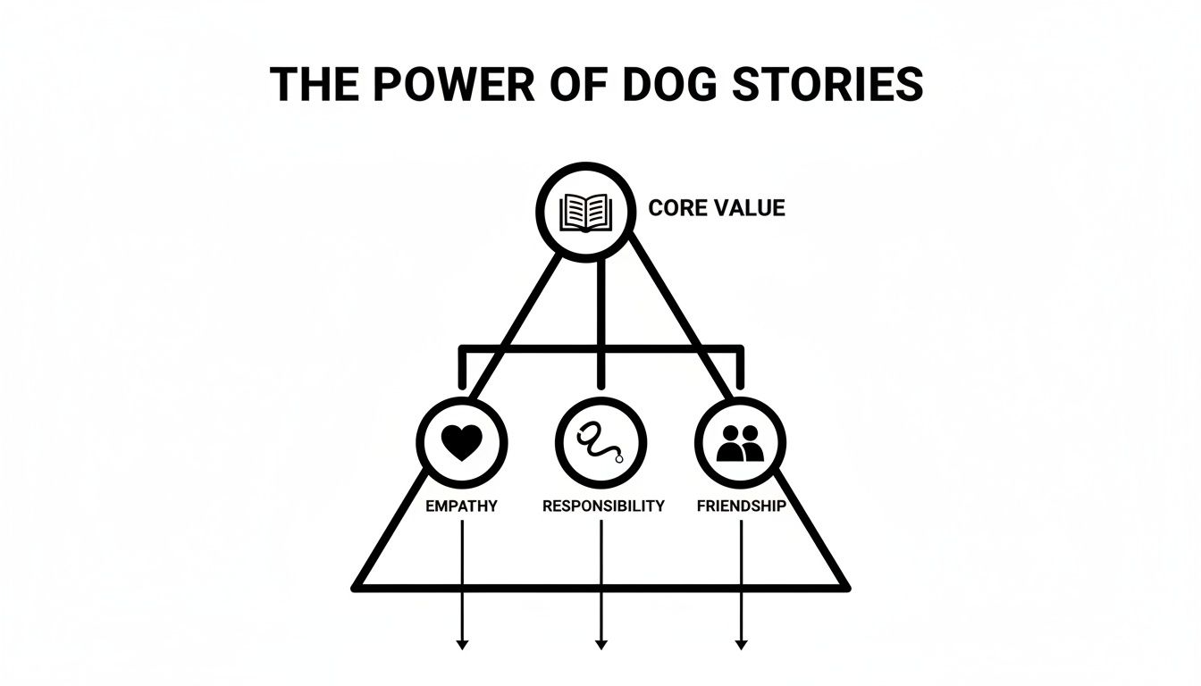 Diagram illustrating the core values derived from dog stories: empathy, responsibility, and friendship.
