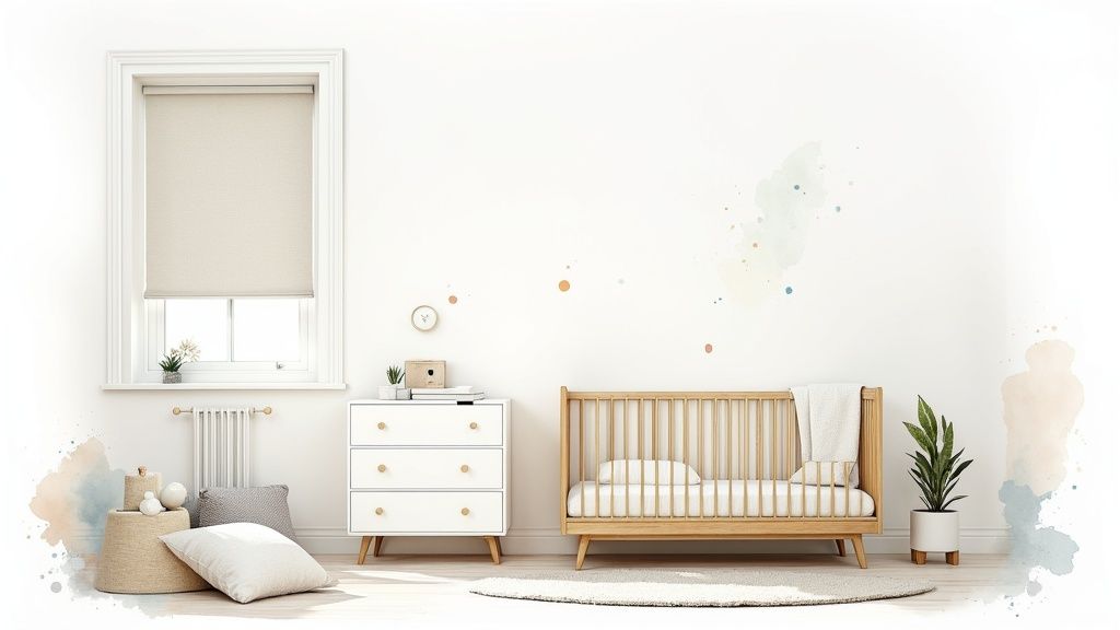 Bright and calm nursery interior featuring a wooden crib, white dresser, and window with a roller blind.