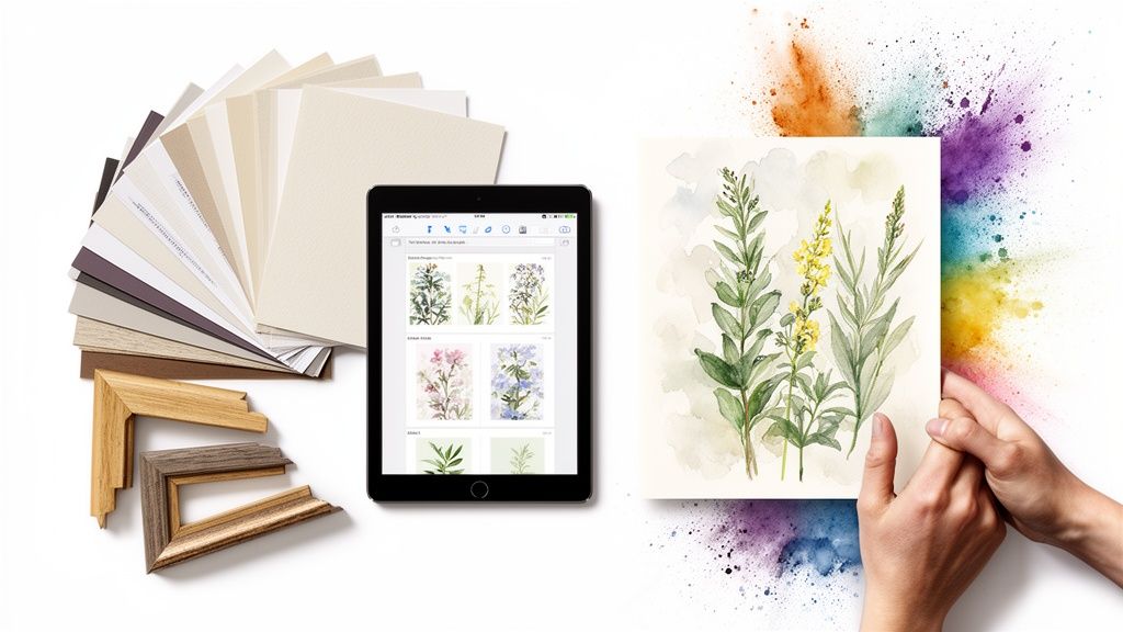 Art supplies including paper samples, frame corners, a tablet, and a botanical watercolor print.