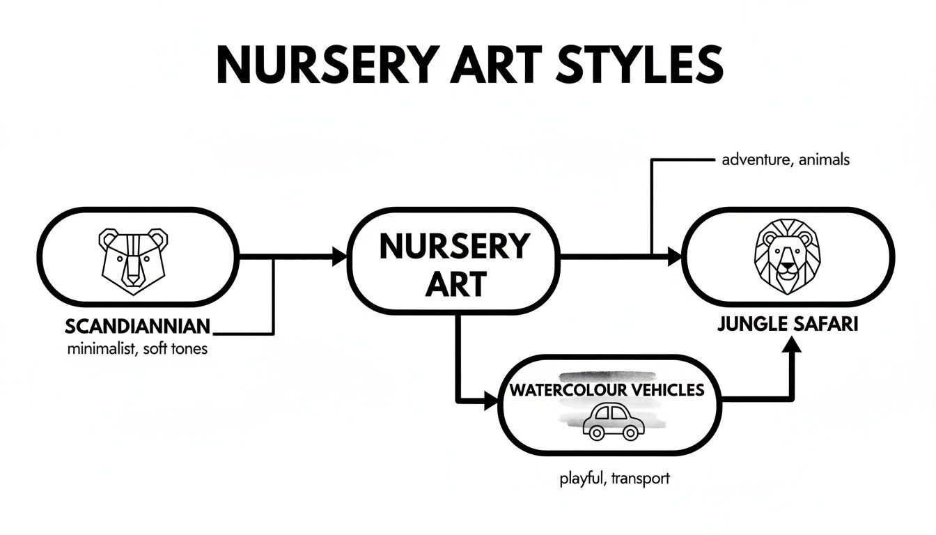 Flowchart illustrating nursery art styles including Scandiannian, Jungle Safari, and Watercolour Vehicles.