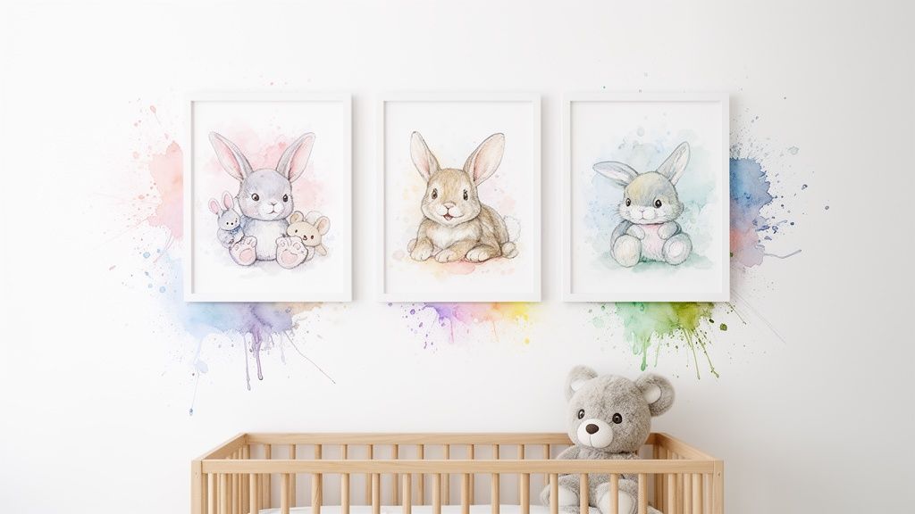 Three framed watercolor bunny prints on a white nursery wall with colorful splatters above a wooden crib.