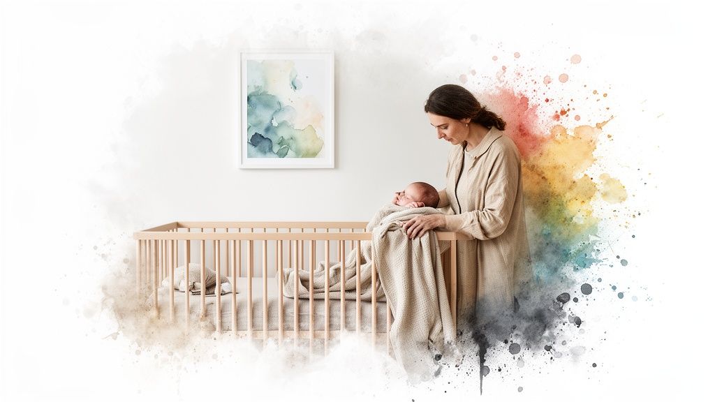 A mother gently places her newborn baby in a wooden crib, with abstract watercolor wall art.