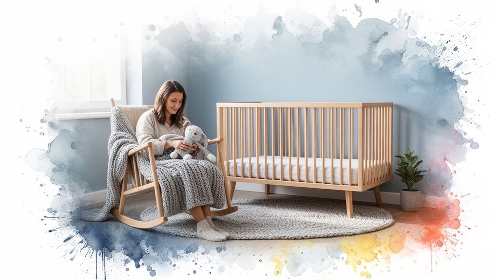 A serene baby nursery with a woman in a rocking chair holding a bunny, next to a wooden crib.