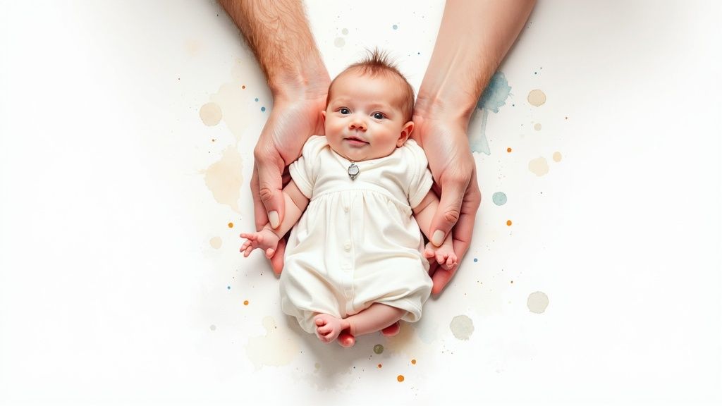Close-up of a smiling newborn baby held gently by adult hands on a white background.