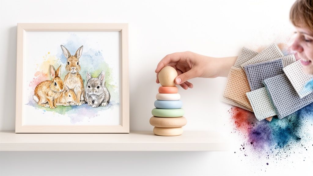Watercolor rabbit print and a hand stacking a colorful wooden toy, with soft fabric swatches.
