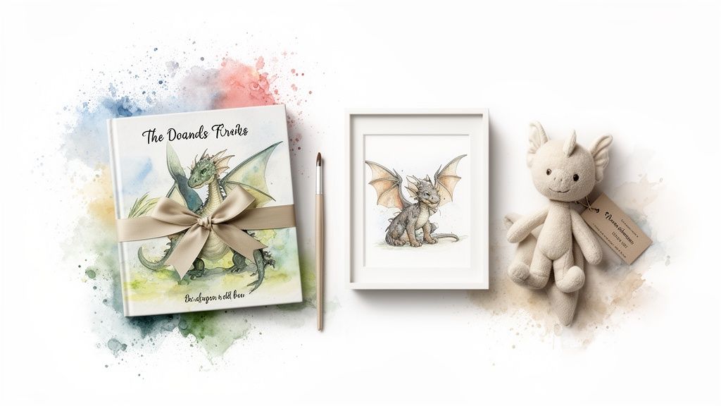 A dragon-themed children's gift set featuring a book, framed print, plush toy, and a paintbrush.