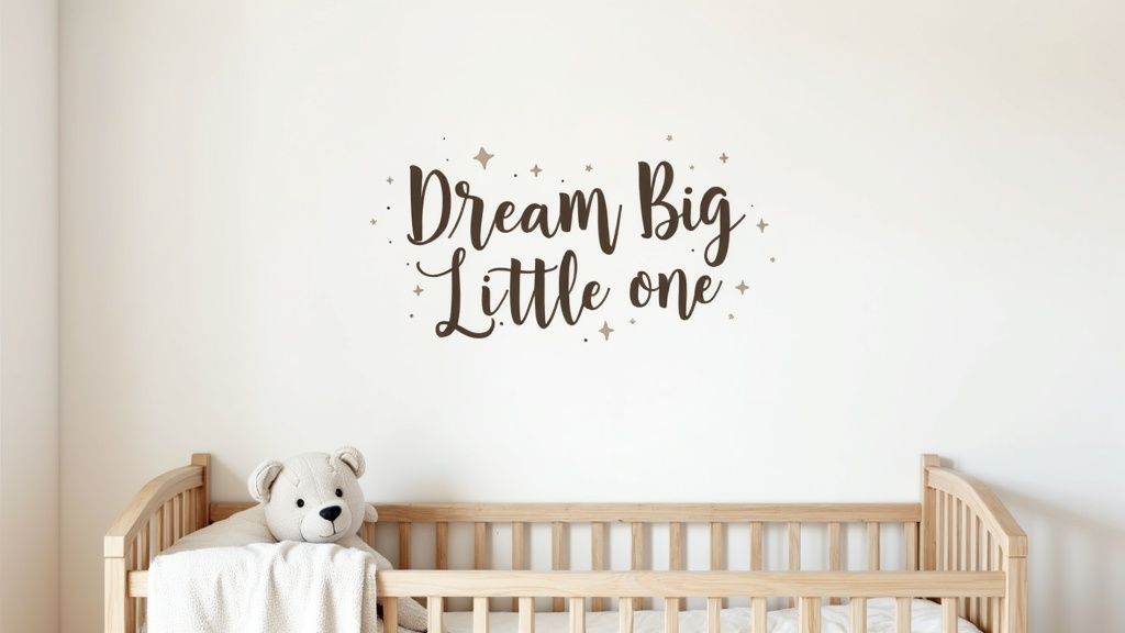 A cozy baby nursery with a wooden crib, a teddy bear, and a 'Dream Big Little one' wall decal.