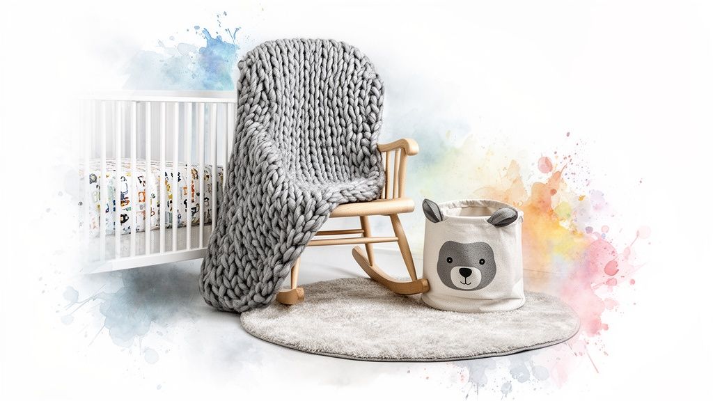 A cozy nursery scene with a white crib, rocking chair, chunky grey blanket, fluffy rug, and a bear storage basket.