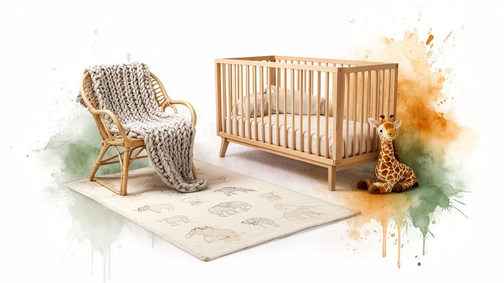 A cozy jungle-themed nursery with a wooden crib, wicker chair, animal rug, and giraffe toy.