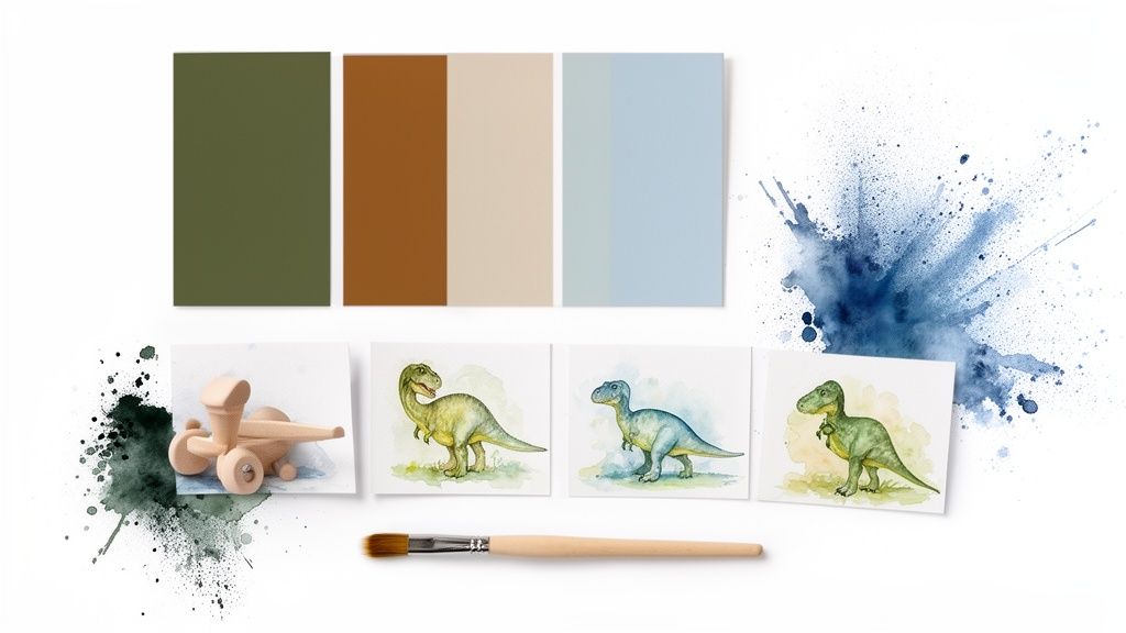 A flatlay of a dinosaur-themed nursery decor inspiration with a color palette, watercolor art, and wooden toy.