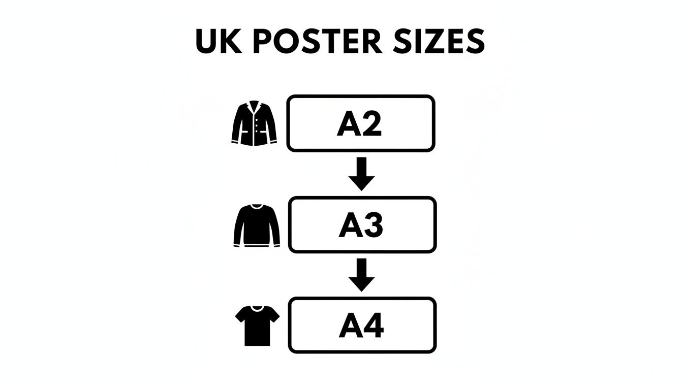 Diagram illustrating UK poster sizes A2, A3, A4 using clothing items as a size guide.