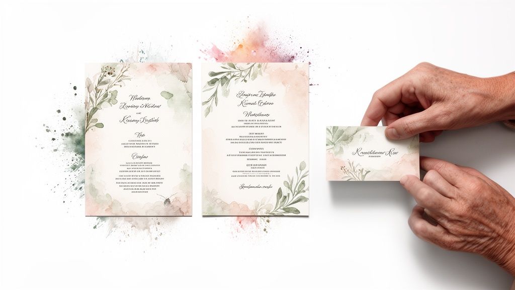 Hands holding a personalized watercolor floral wedding place card next to matching invitations.
