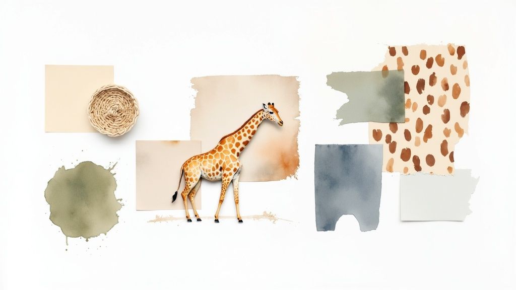 A mood board featuring a watercolor giraffe, animal print, woven basket, and natural color swatches.