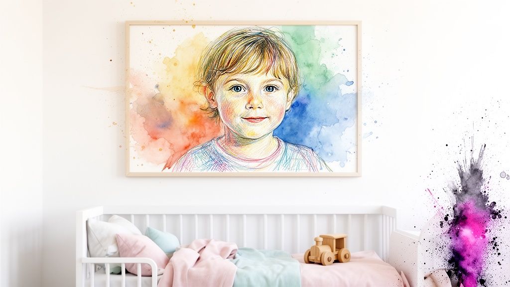 Vibrant watercolor portrait of a child with a rainbow background, framed above a cozy nursery crib.