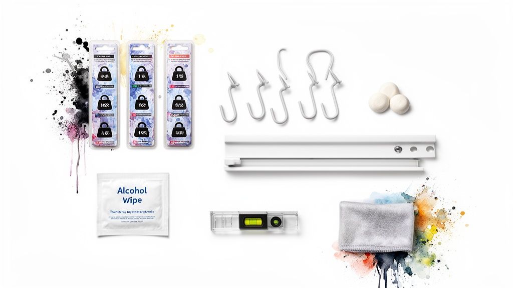 A collection of picture hanging tools including hooks, rail, spirit level, wipes, and weight-rated fasteners.