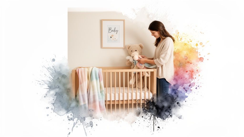 A smiling woman placing a toy in a baby's wooden crib with a colorful blanket and 'Baby' wall art.