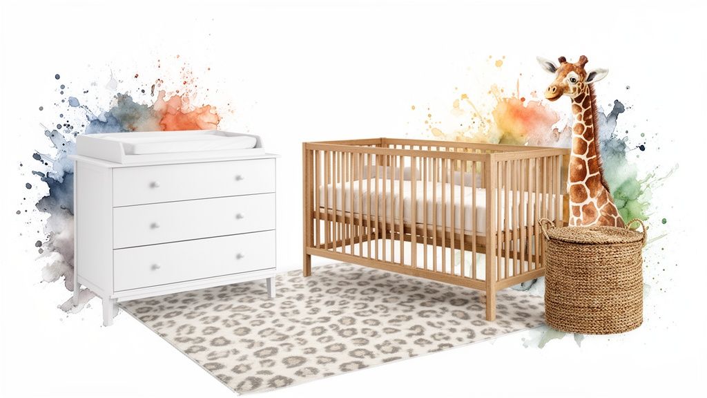 A charming baby nursery featuring a white changing dresser, wooden crib, and a playful giraffe.
