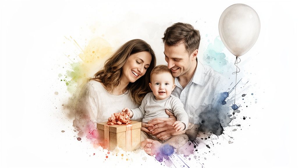 A happy family, mother, father, and baby, celebrating with a gift and a balloon in a watercolor style.