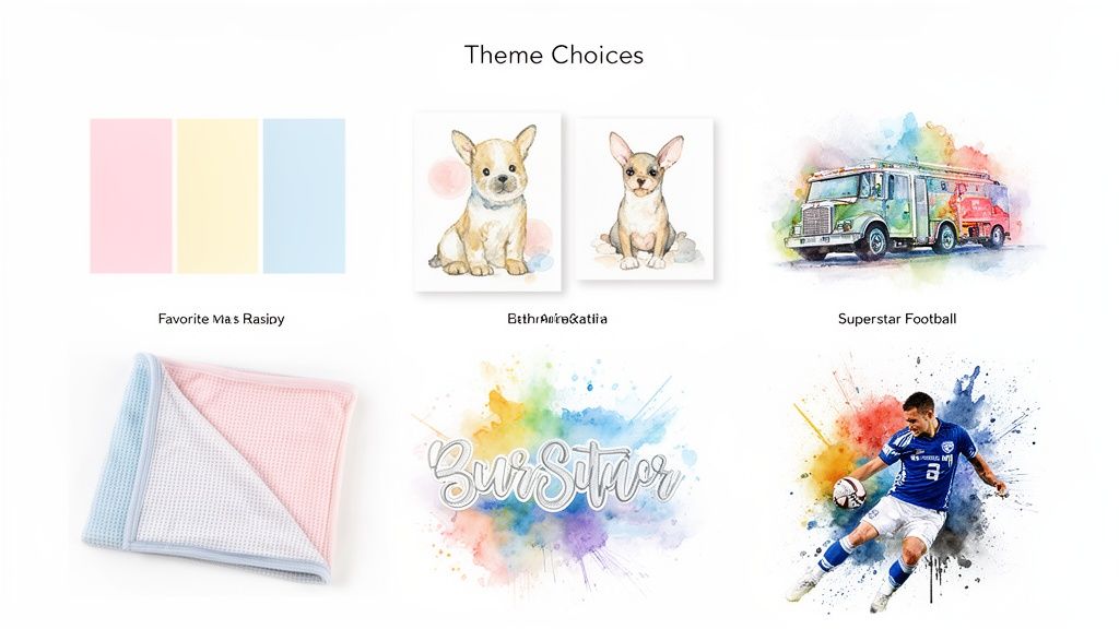 A display of diverse theme choices including pastel colors, watercolor puppies, a fire truck, and a soccer player.