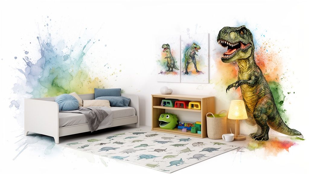 A vibrant child's room with a dinosaur theme, featuring a bed, toy shelf, and a large dinosaur figure.