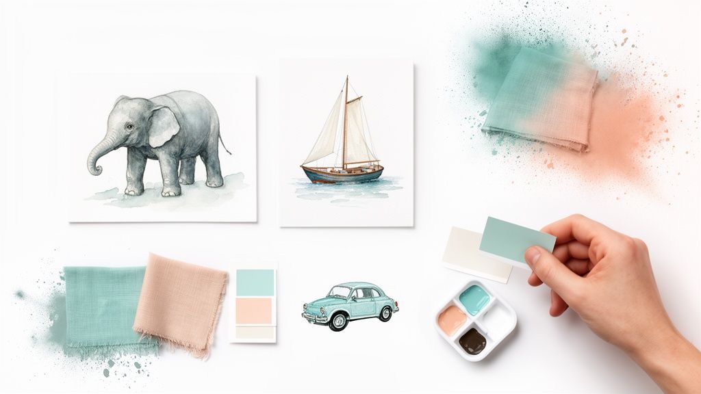 A flat lay of nursery decor inspiration: watercolor elephant, sailboat, car, fabric swatches, and color palettes.