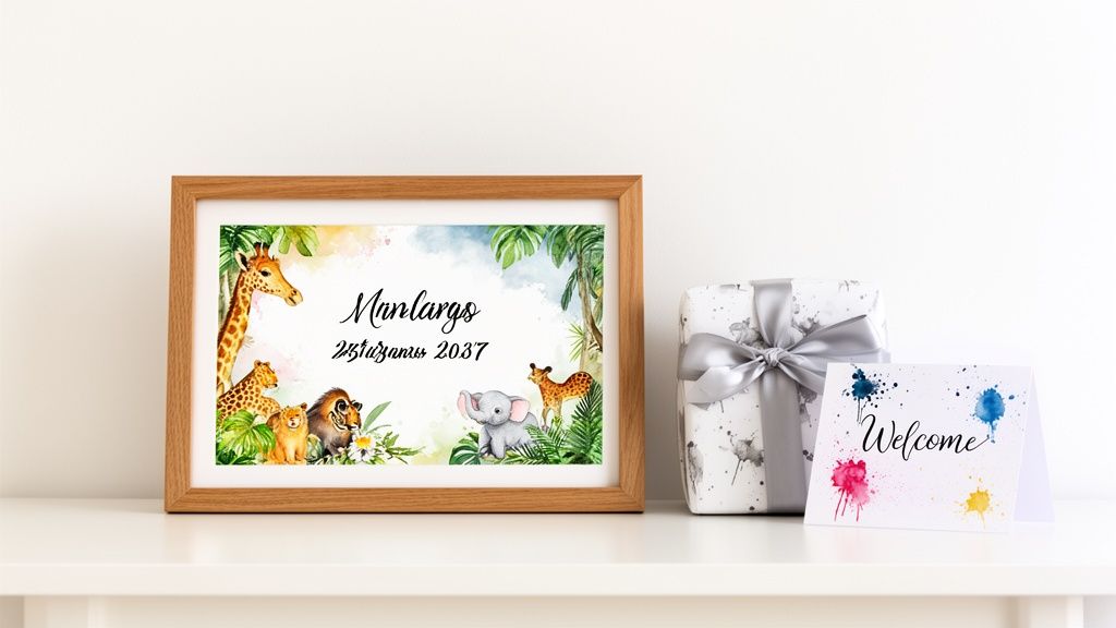A framed safari-themed watercolor painting, a gift wrapped with a silver bow, and a 'Welcome' card on a white shelf.