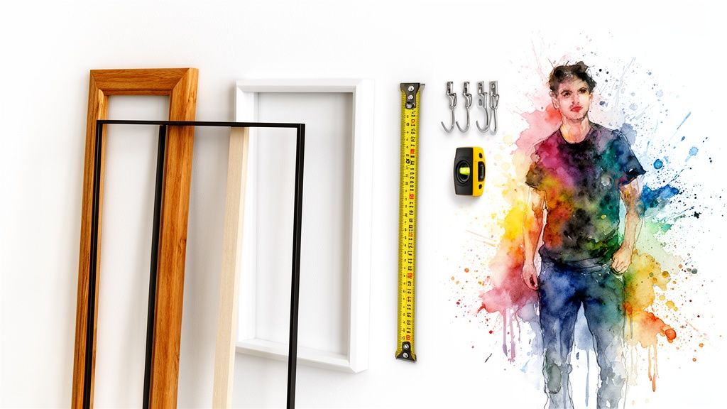 Picture frames, tape measure, spirit level, and hooks, with a watercolor man, for hanging wall art.