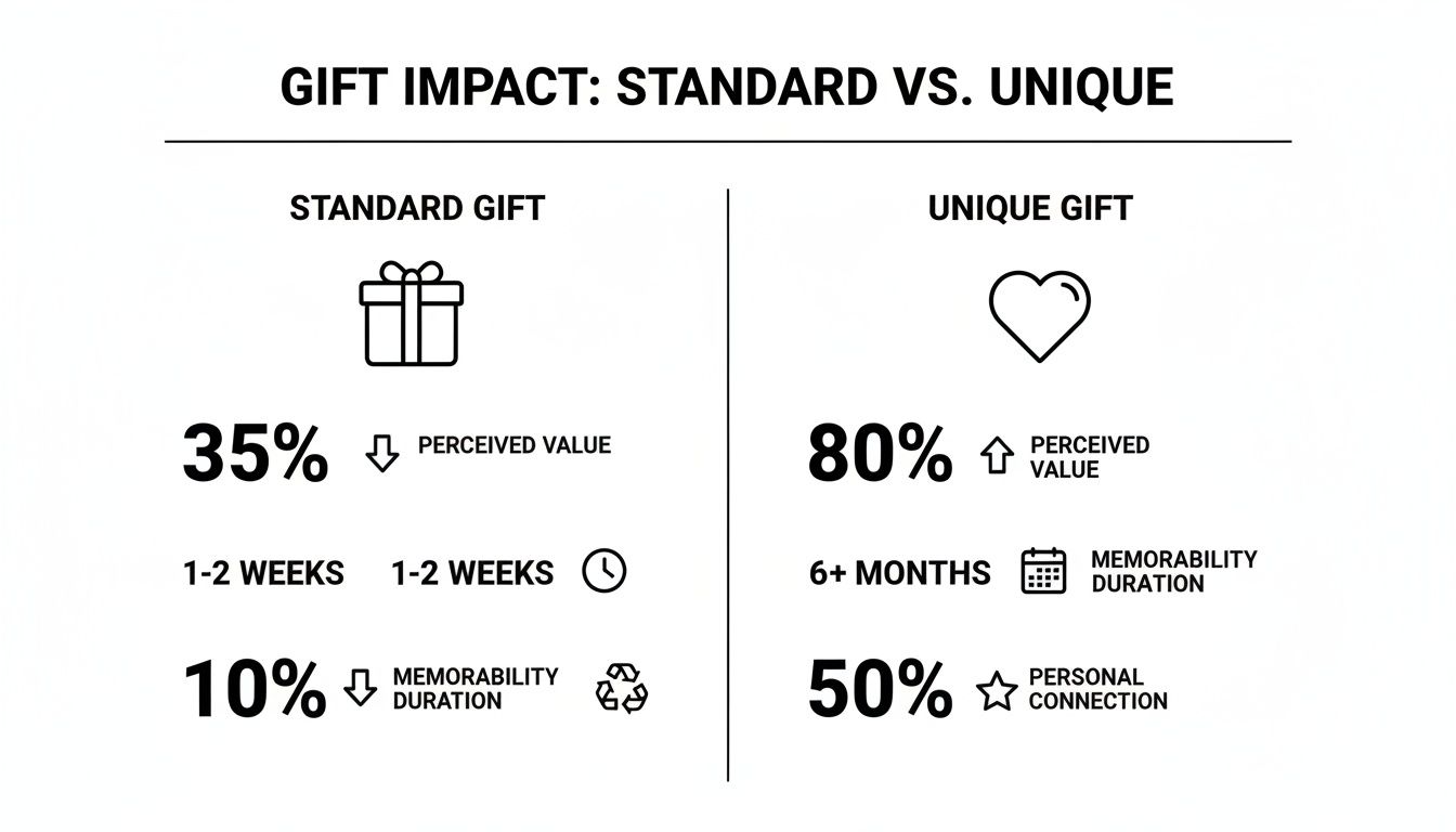 Infographic comparing standard and unique gift impact on perceived value, memorability, and personal connection.