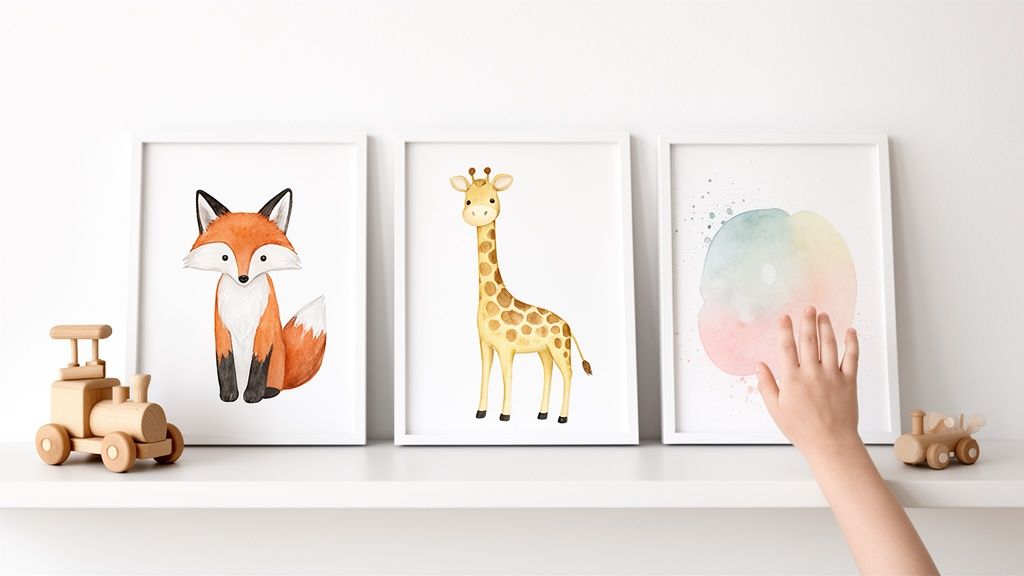 Three framed animal and abstract watercolor art prints on a white shelf with wooden toys.