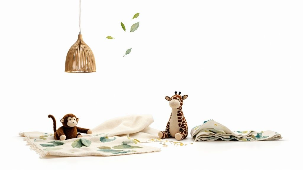 A jungle-themed nursery scene with plush monkey and giraffe toys on leaf-patterned blankets.