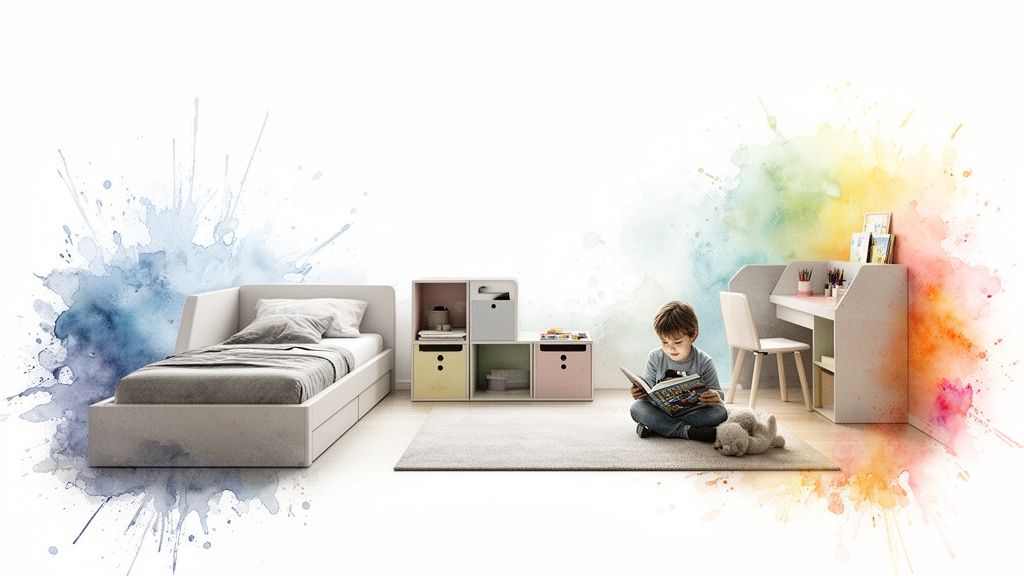A colorful child's room featuring a bed, modular storage, a desk, and a boy reading on a rug.
