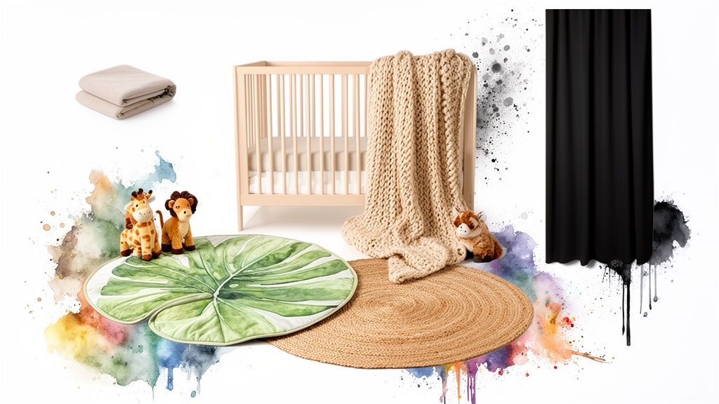 Nursery essentials featuring a wooden crib, cozy blankets, jungle animal plush toys, a leaf playmat, and a braided rug.