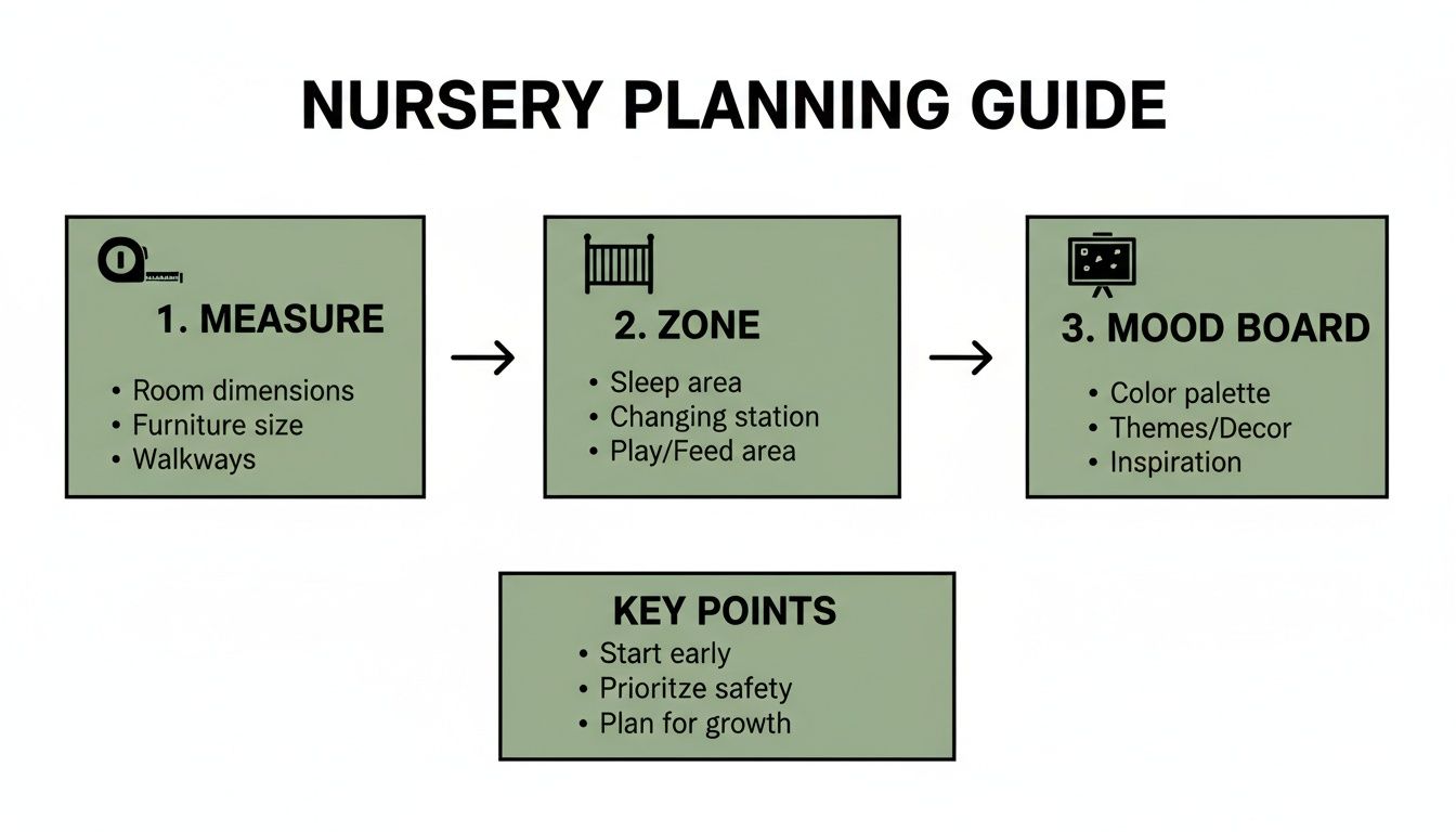 Nursery planning guide detailing steps like measuring, zoning, mood board creation, and key points.