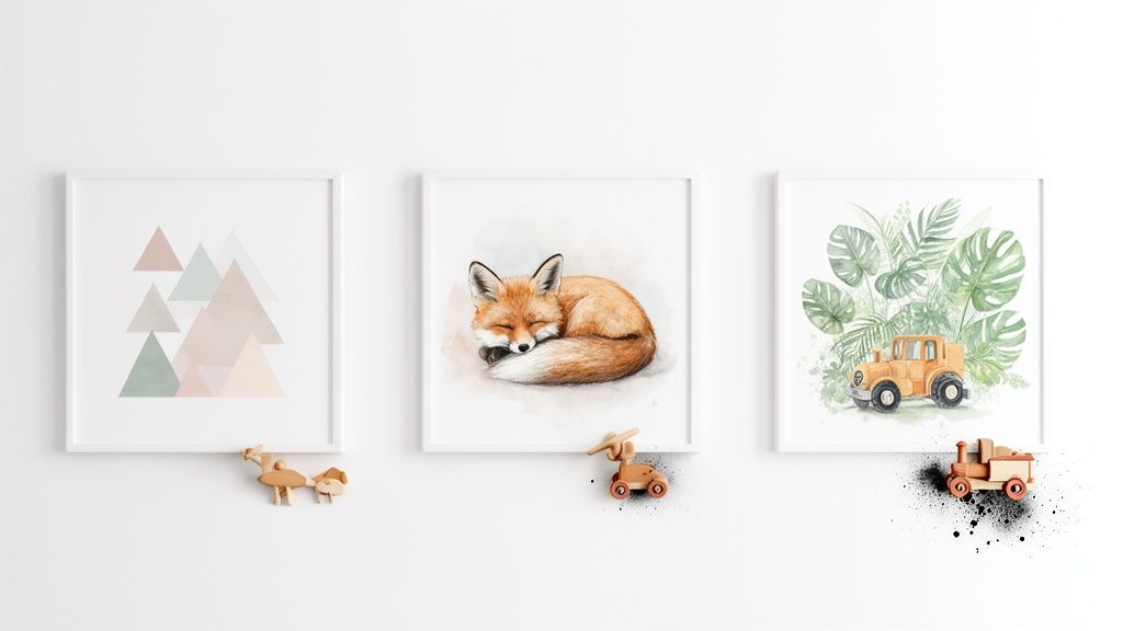 Three framed nursery wall art prints featuring mountains, a sleeping fox, and a yellow truck with leaves, accompanied by wooden toys.