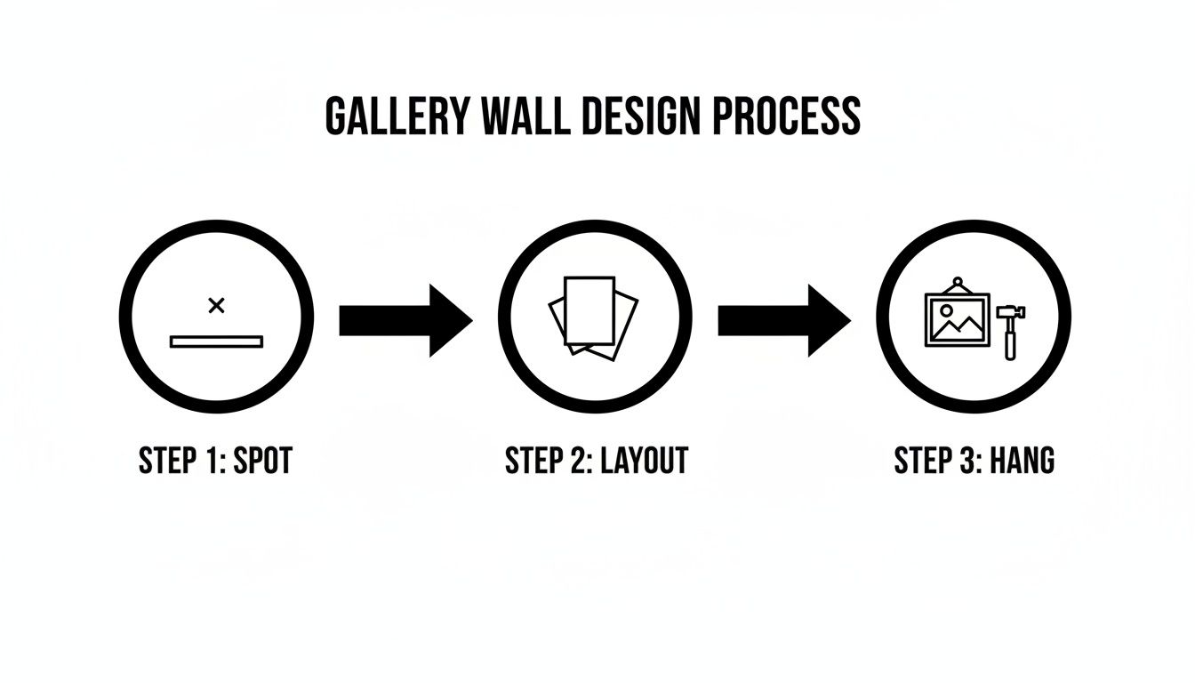 Infographic illustrating the 3-step gallery wall design process: spot, layout, and hang.