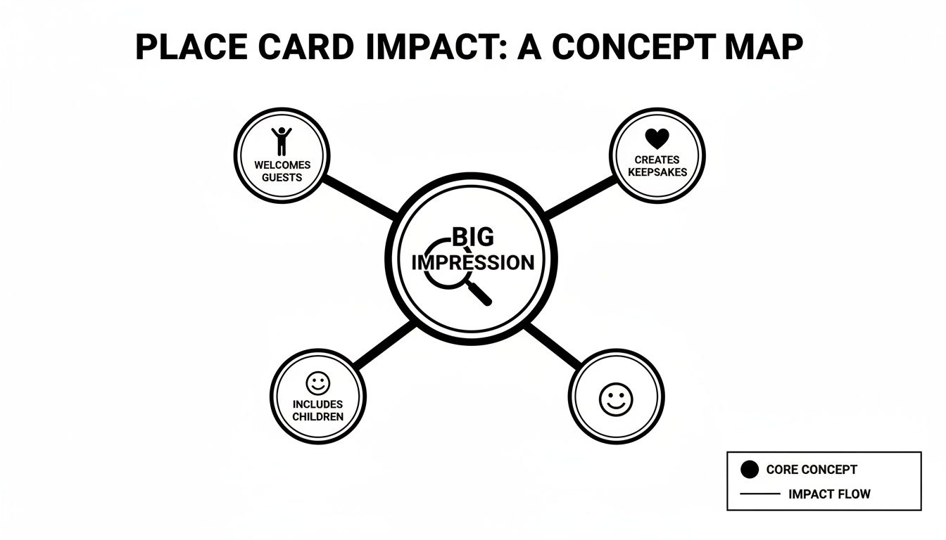 Concept map illustrating the impact of place cards, creating a big impression by welcoming guests, creating keepsakes, and including children.